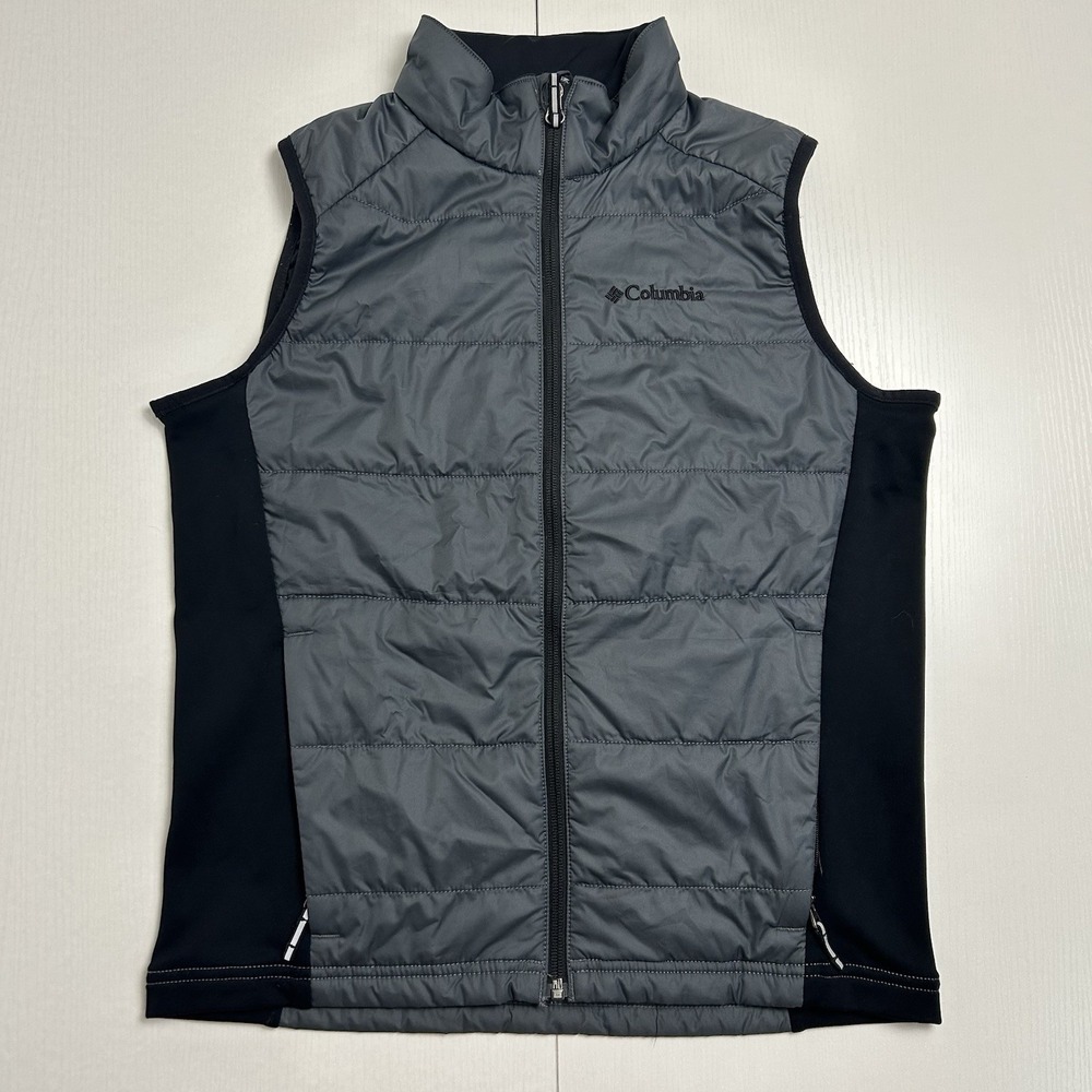 Columbia Vest Womens Large Gray Black Full Zip Outdoor Lightweight Puffer Hybrid